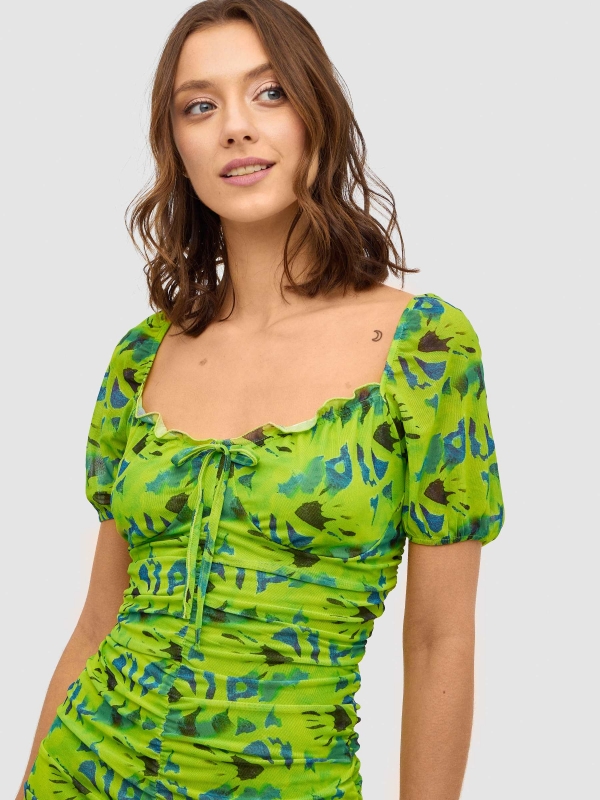 All-over print tulle mini dress lime detail view