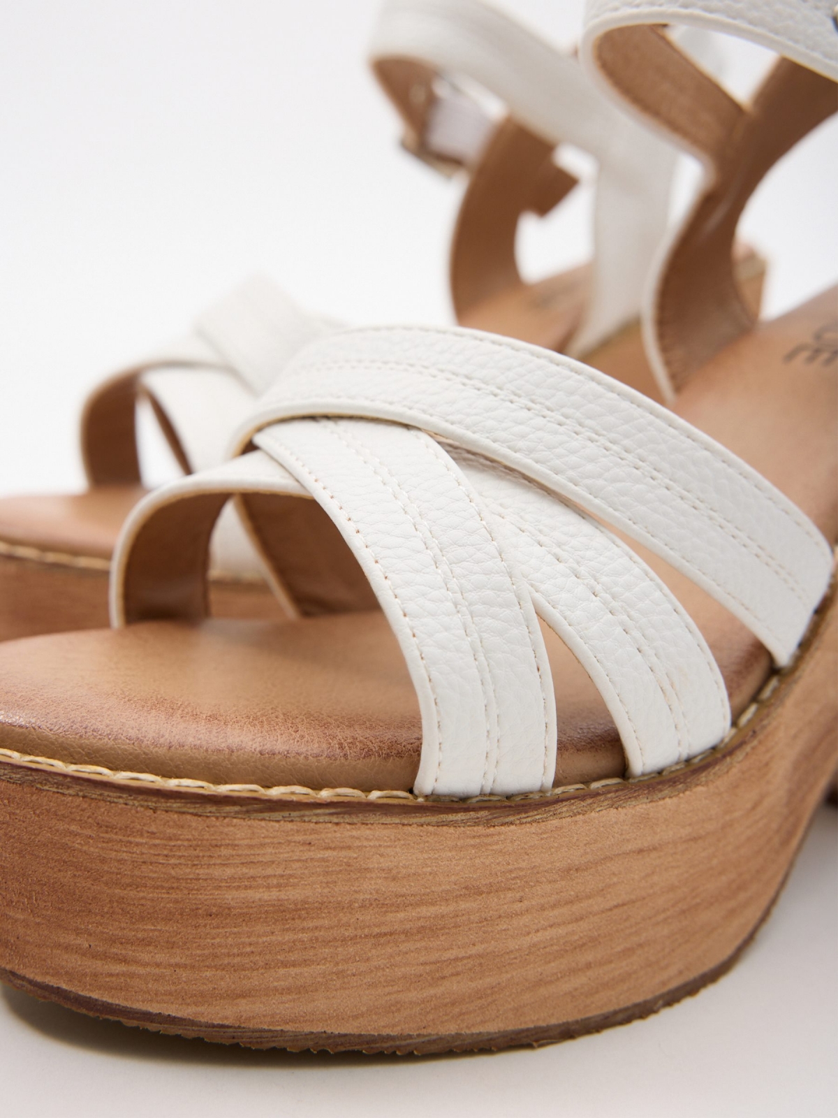Wooden heel sandal white detail view