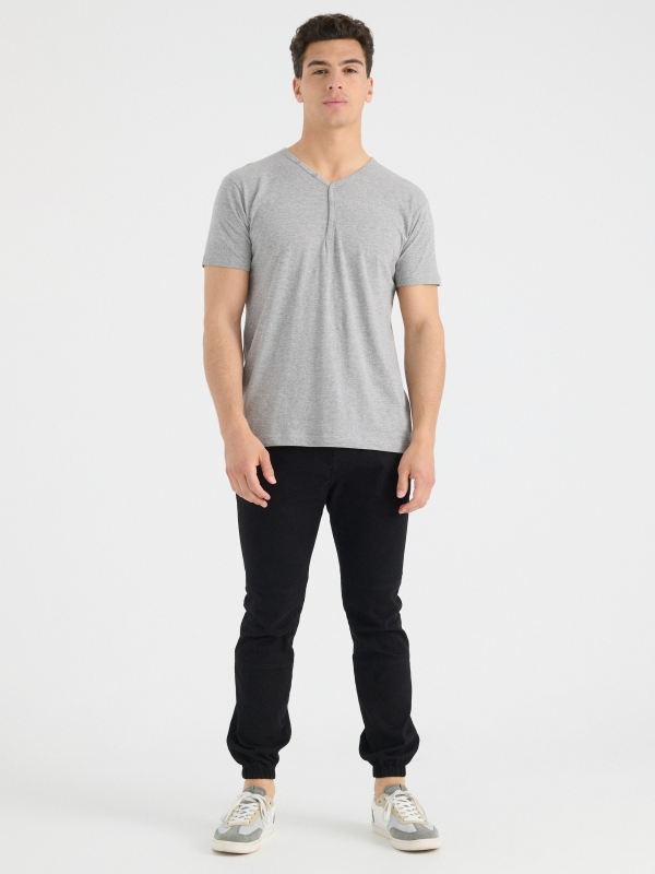 Buttons neck t-shirt grey front view