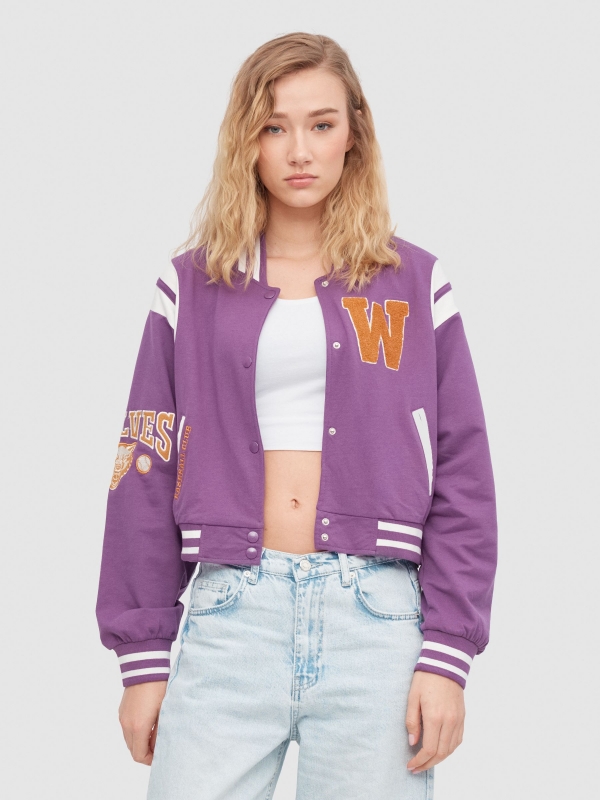 Bomber jacket with patches aubergine middle front view