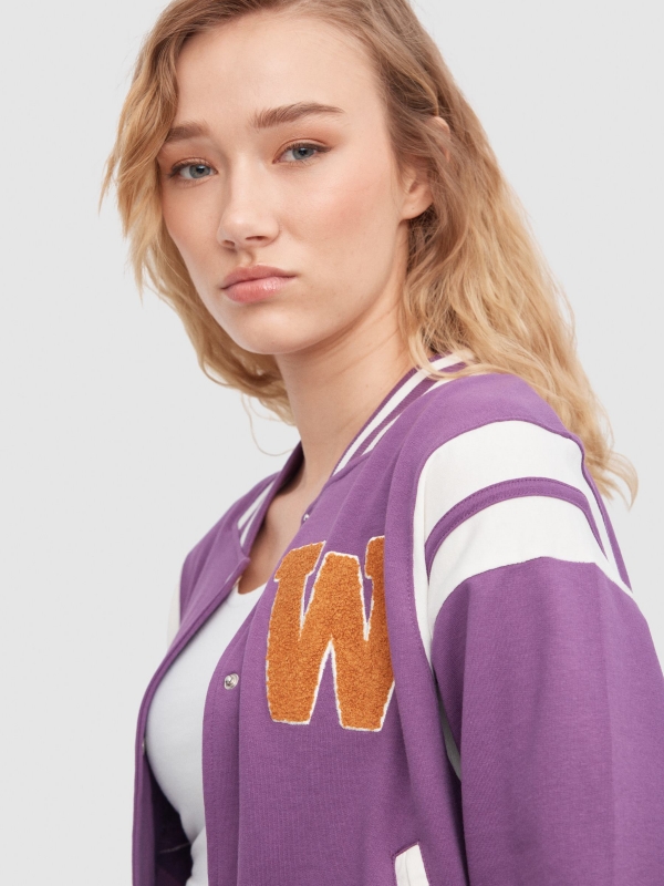 Bomber jacket with patches aubergine detail view