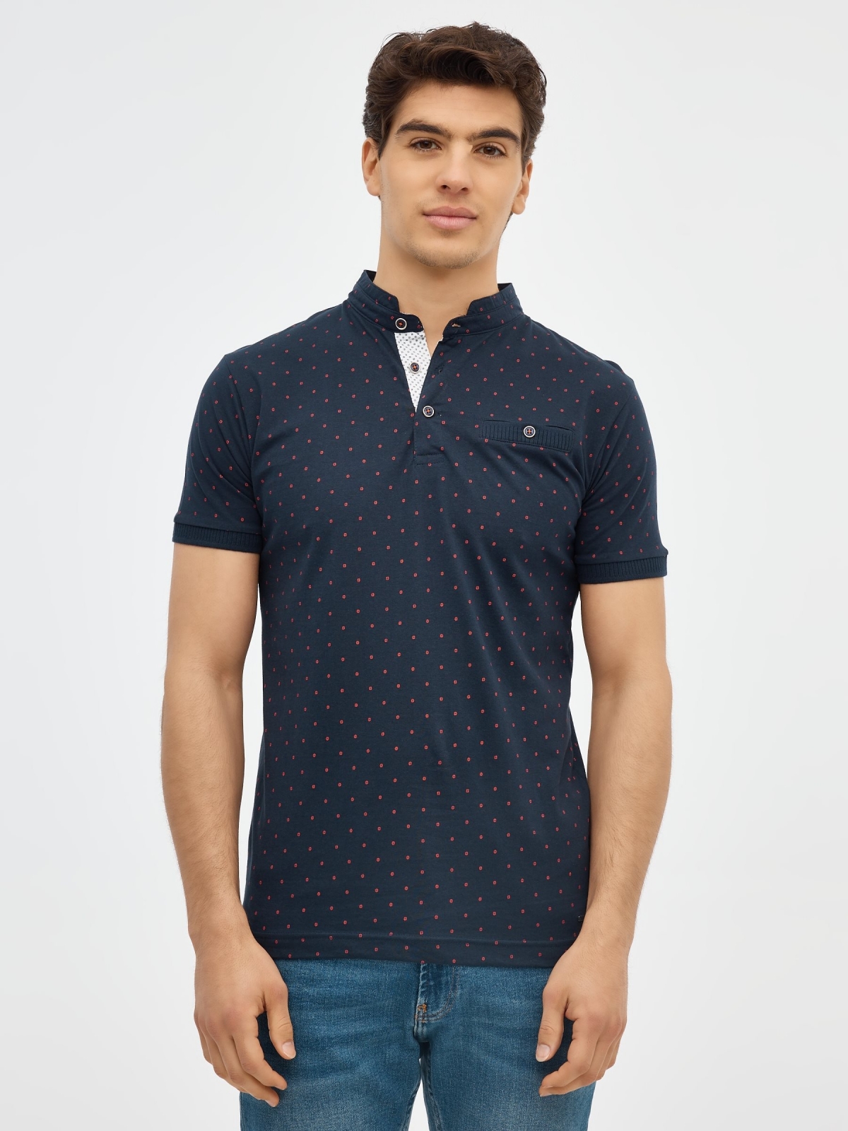 Mandarin collar polo shirt with pocket navy middle front view