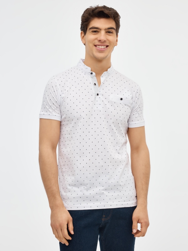 Mandarin collar polo shirt with pocket white middle front view