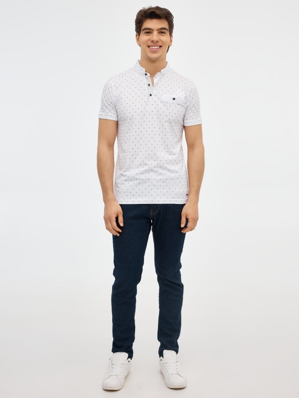 Mandarin collar polo shirt with pocket white front view