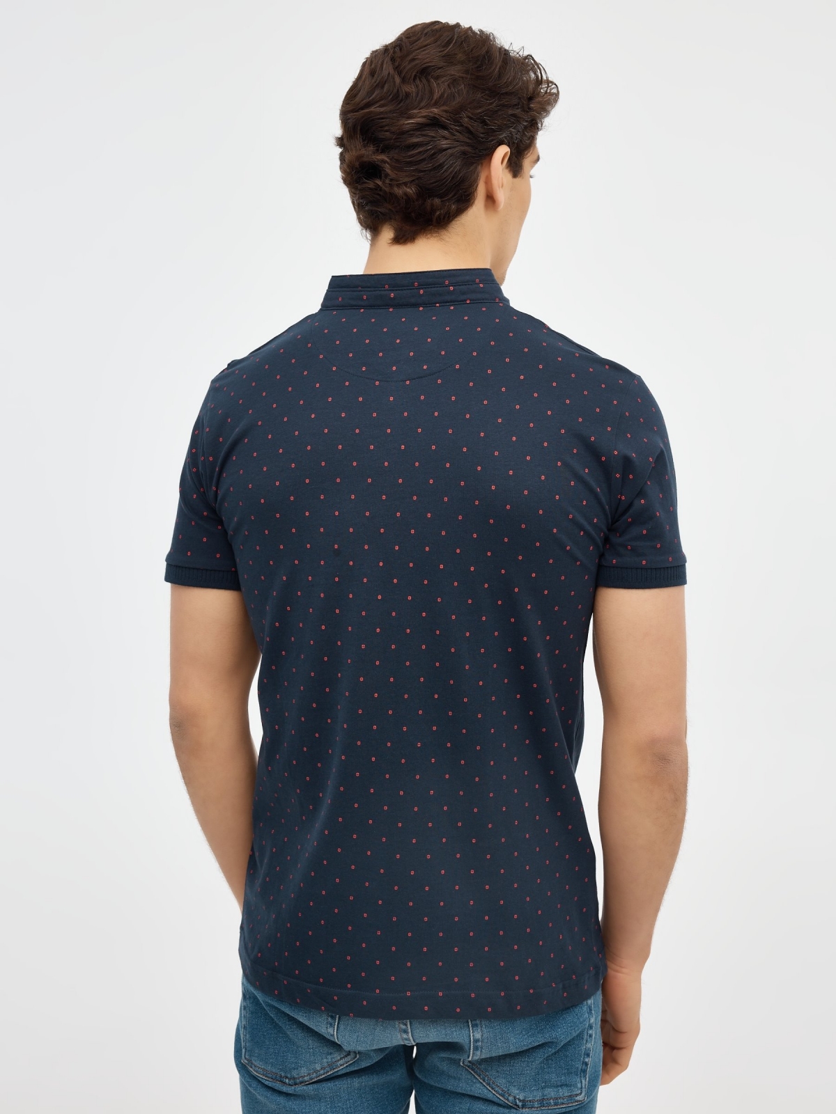 Mandarin collar polo shirt with pocket navy middle back view