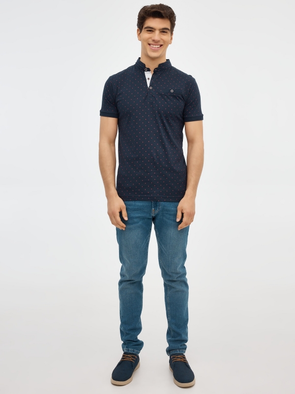 Mandarin collar polo shirt with pocket navy front view