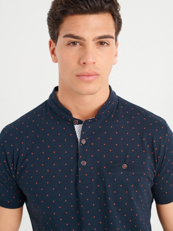 Mandarin collar polo shirt with pocket navy detail view
