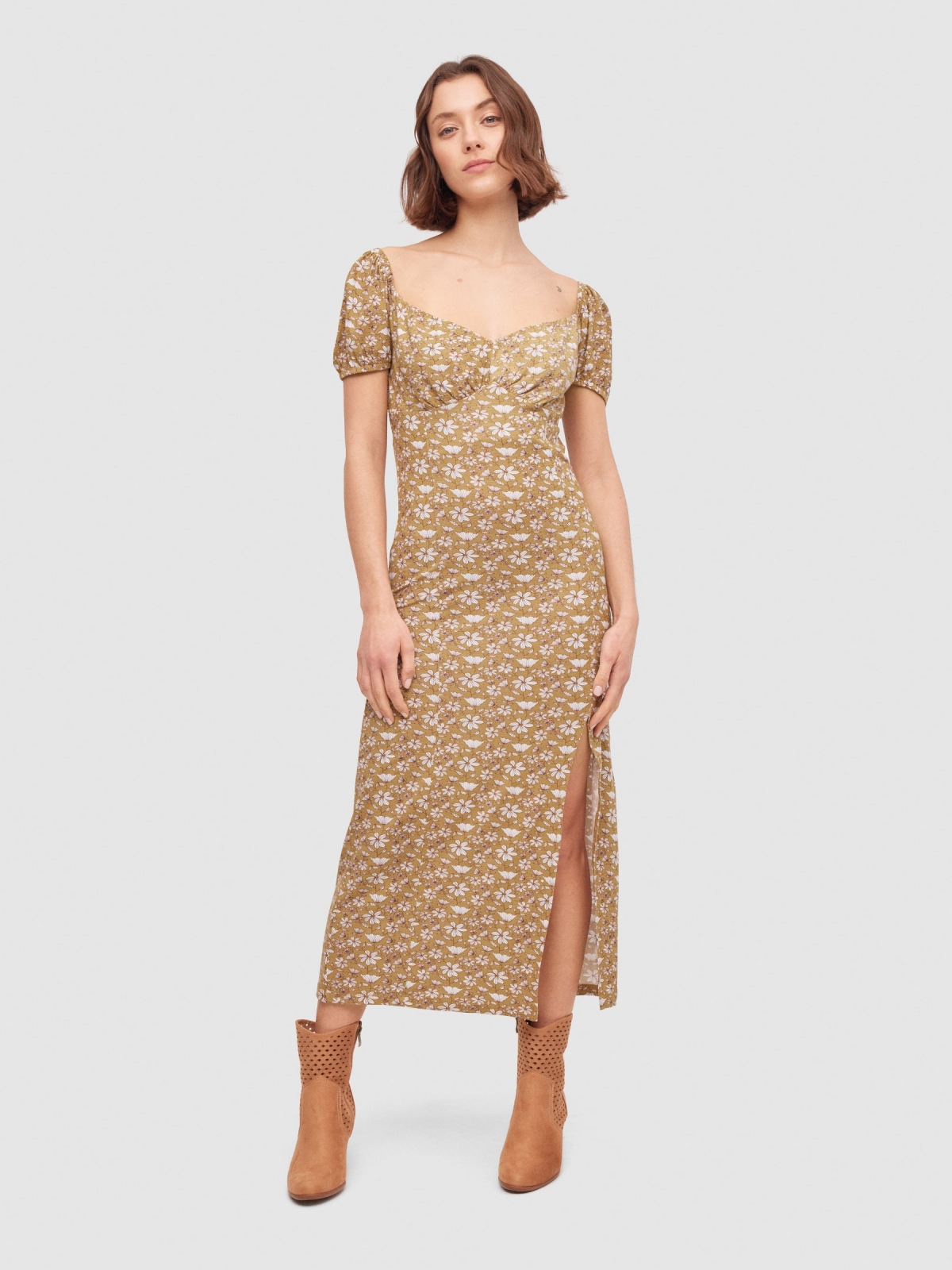 Floral midi dress sand middle front view