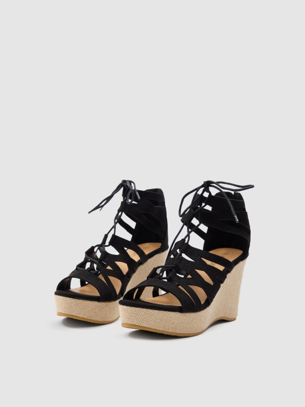 Wedge sandal with laces black 45º front view