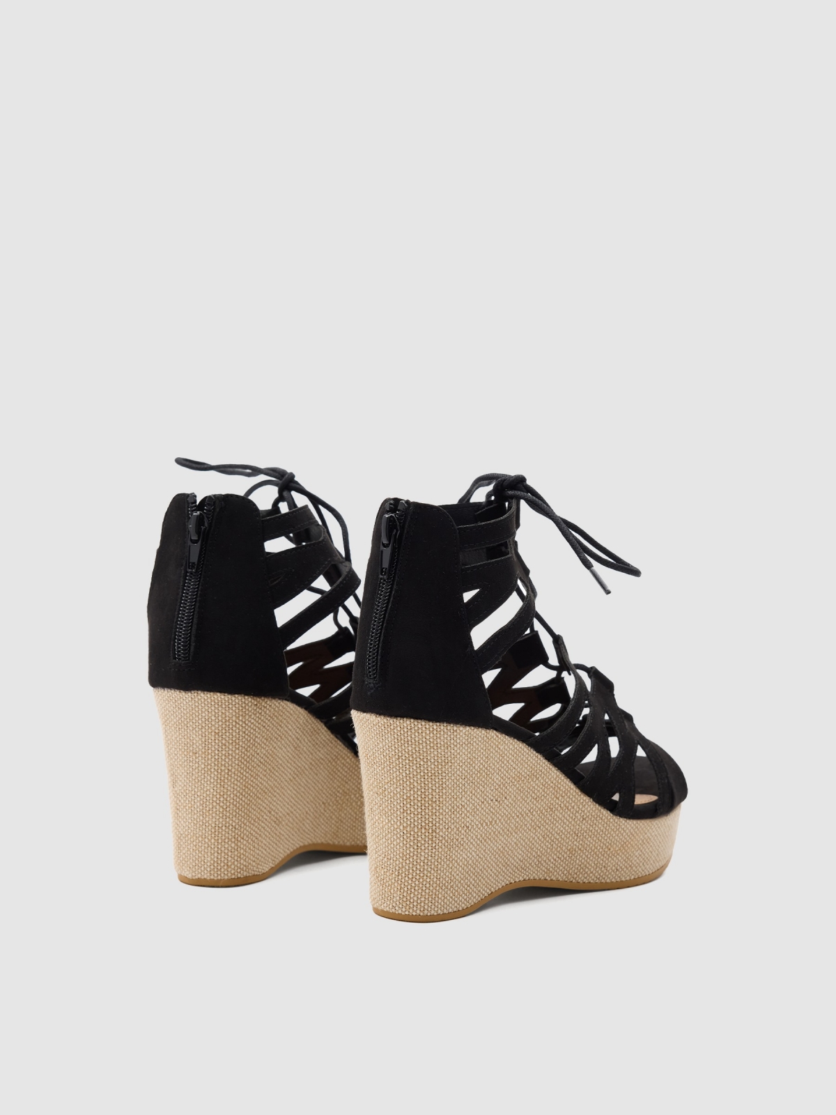 Wedge sandal with laces black 45º back view