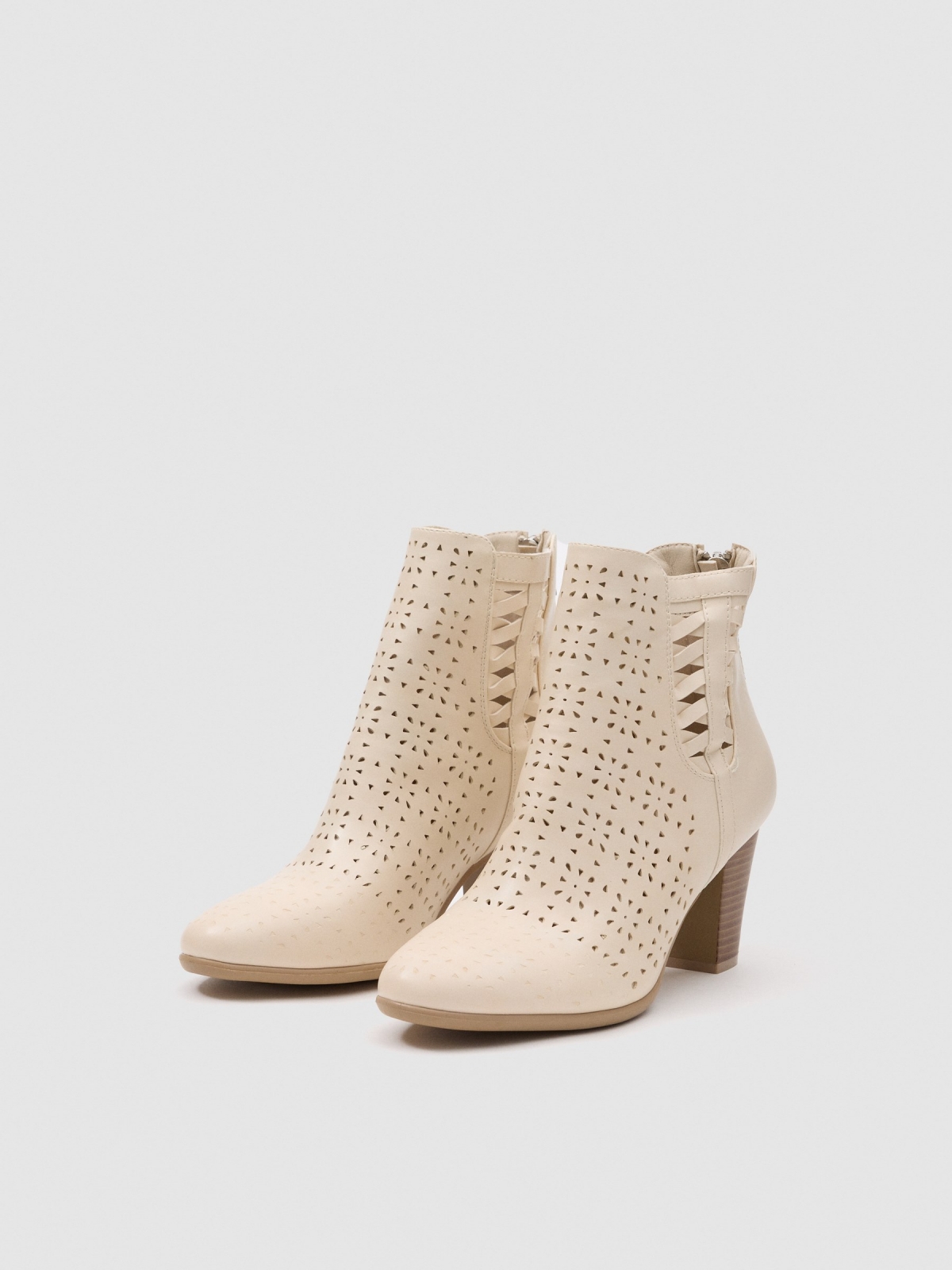 Side-braid cream leather-effect ankle boot sand 45º front view