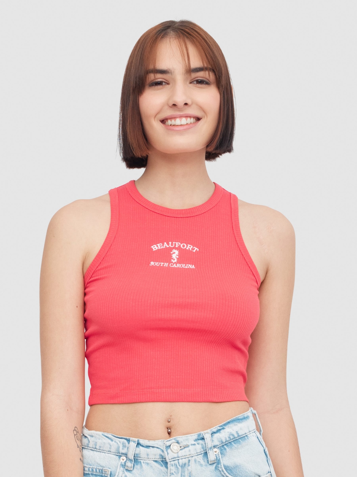 Embroidered halter top red middle front view