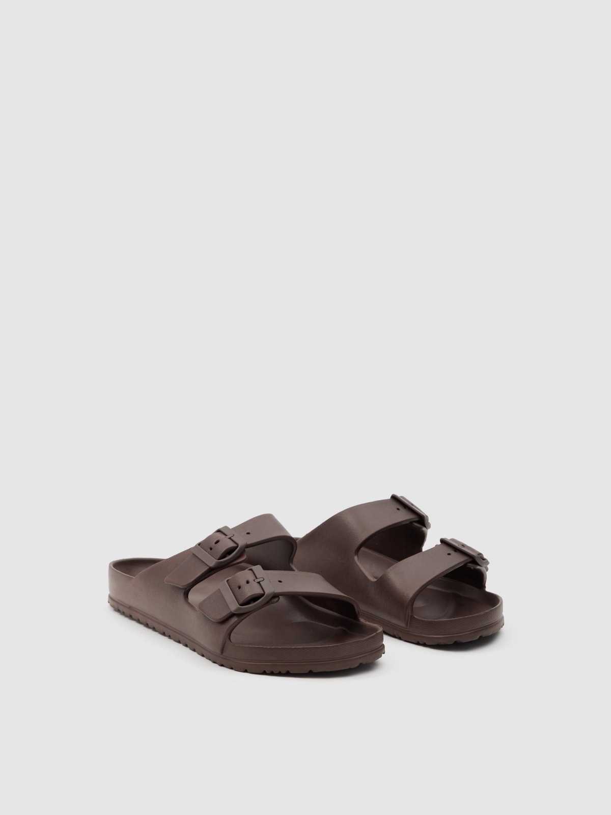 Double buckle flip flop dark brown lateral view