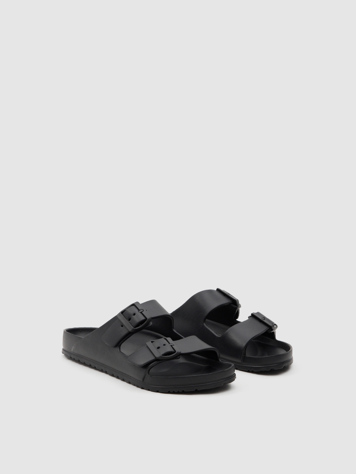 Double buckle flip flop black lateral view