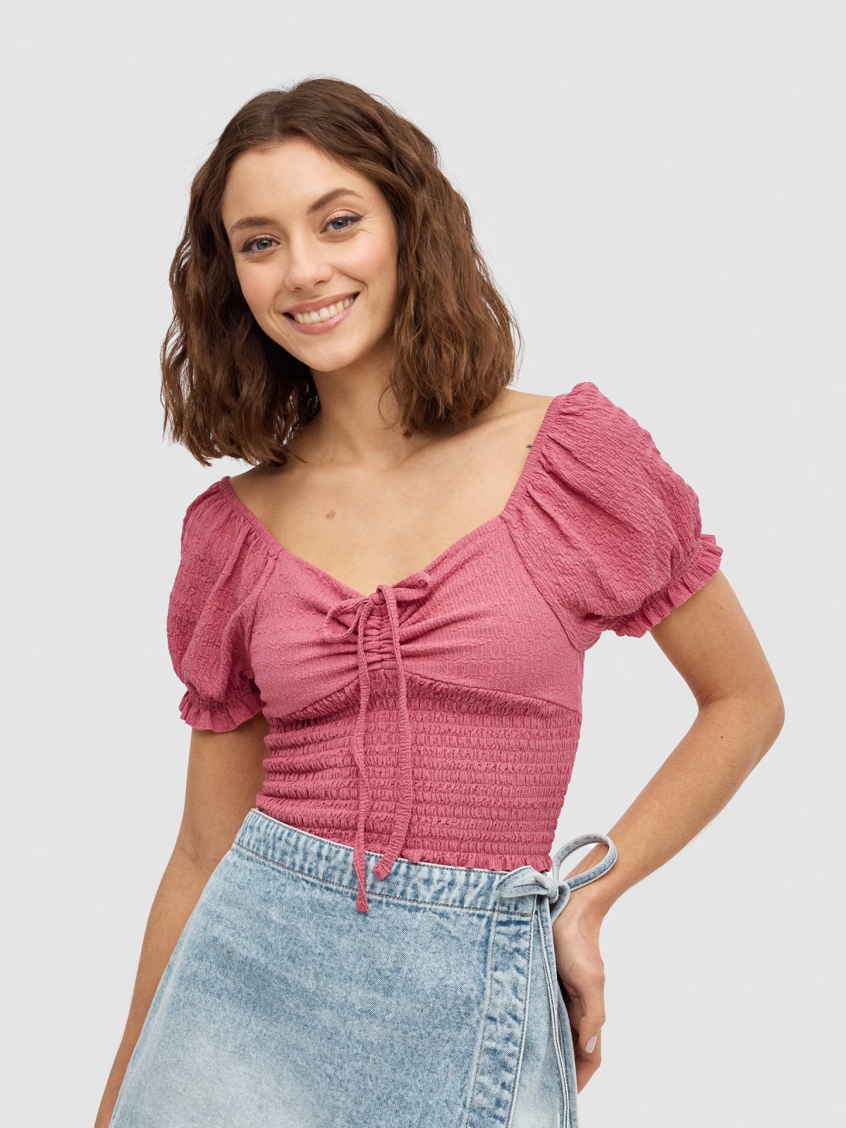 Ruffled Top with bow powdered pink middle front view