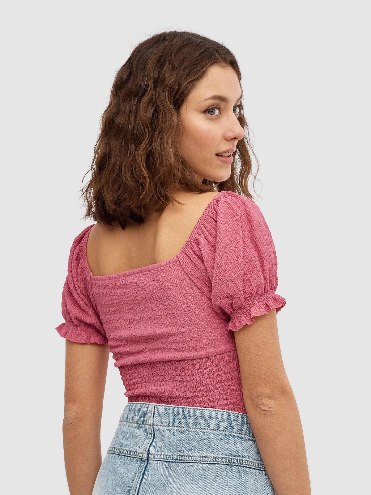 Ruffled Top with bow powdered pink middle back view