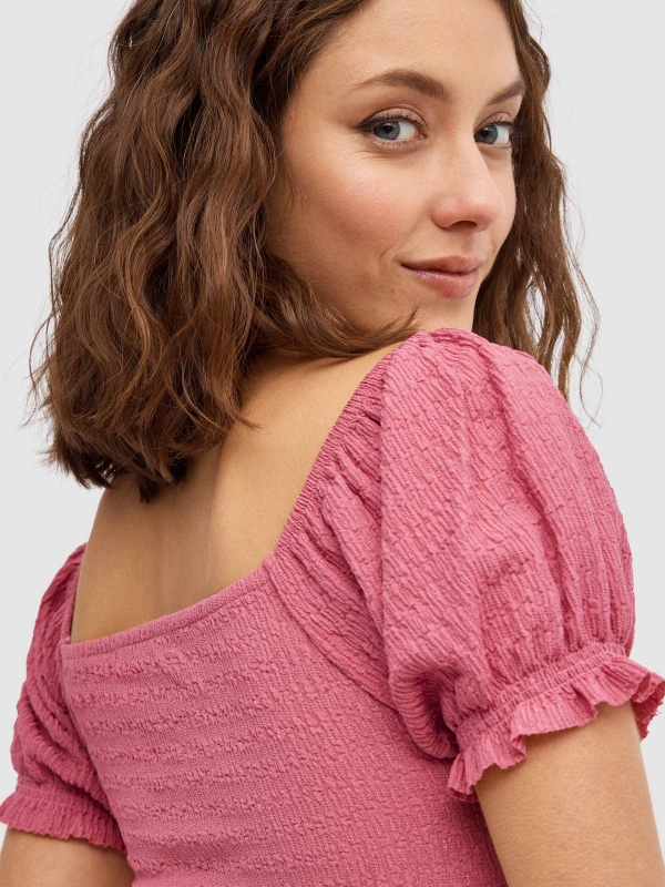 Ruffled Top with bow powdered pink detail view