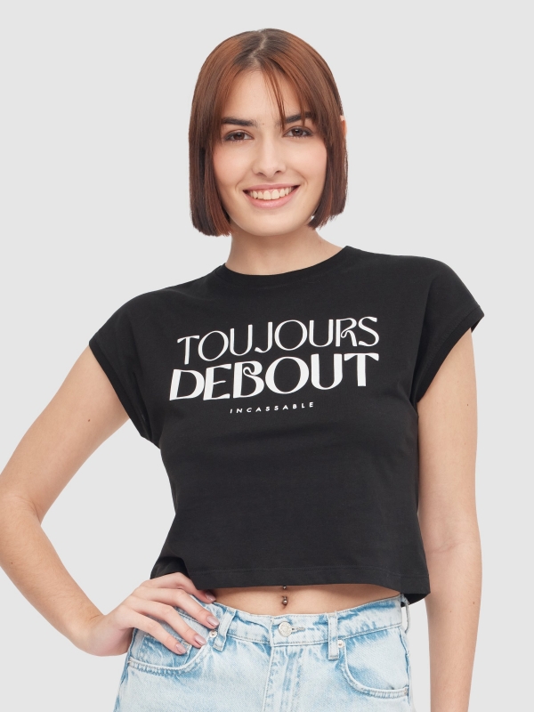 Sleeveless text top black middle front view