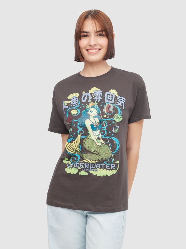 T-shirt com estampado de sereia cinza escuro vista meia frontal