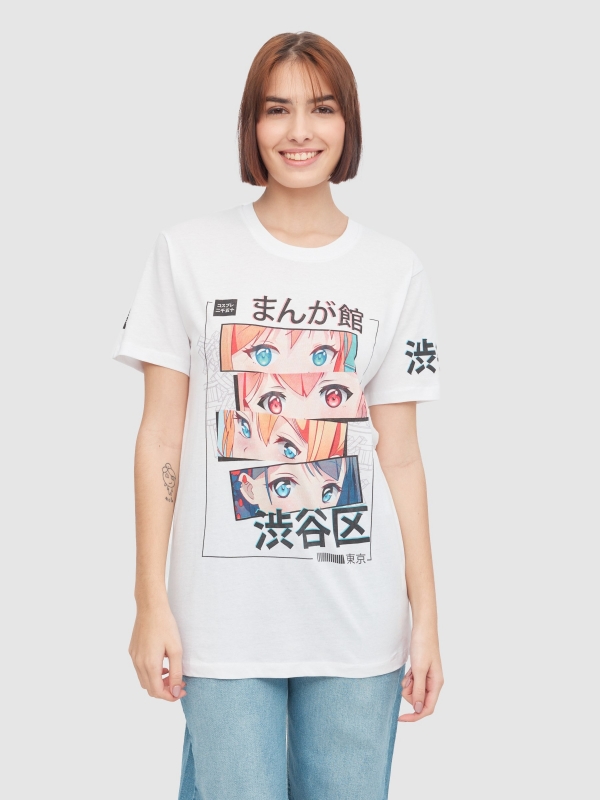 T-shirt oversize com ilustração japonesa branco vista meia frontal