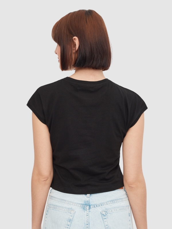 Sleeveless text top black middle back view