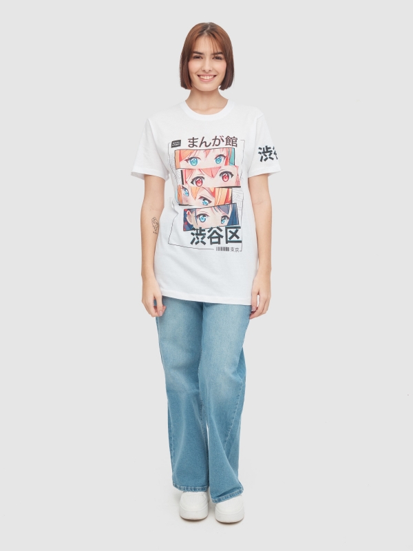 T-shirt oversize com ilustração japonesa branco vista geral frontal