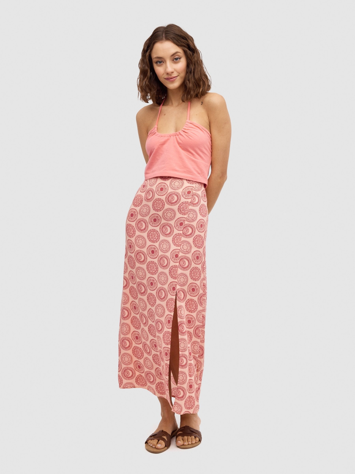 Indie print midi skirt pink middle front view