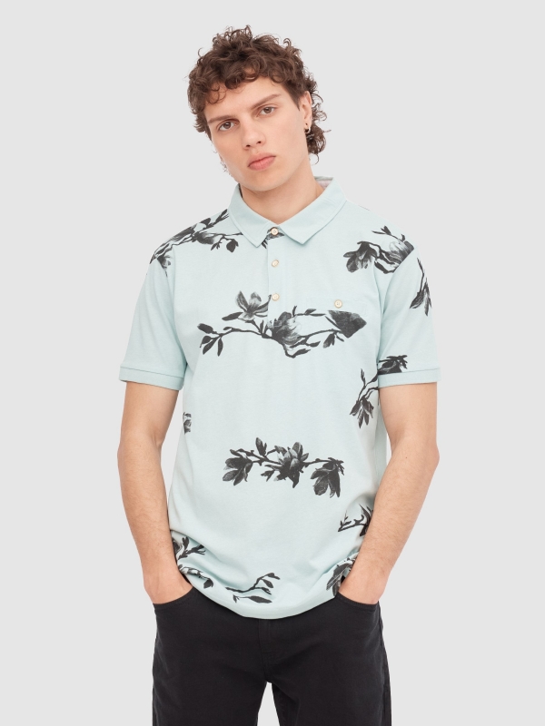 Flower print polo green middle front view