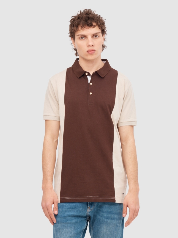 Colour block polo shirt taupe middle front view