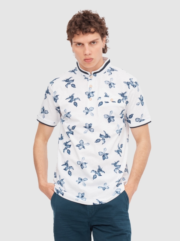 Tropical print polo white middle front view