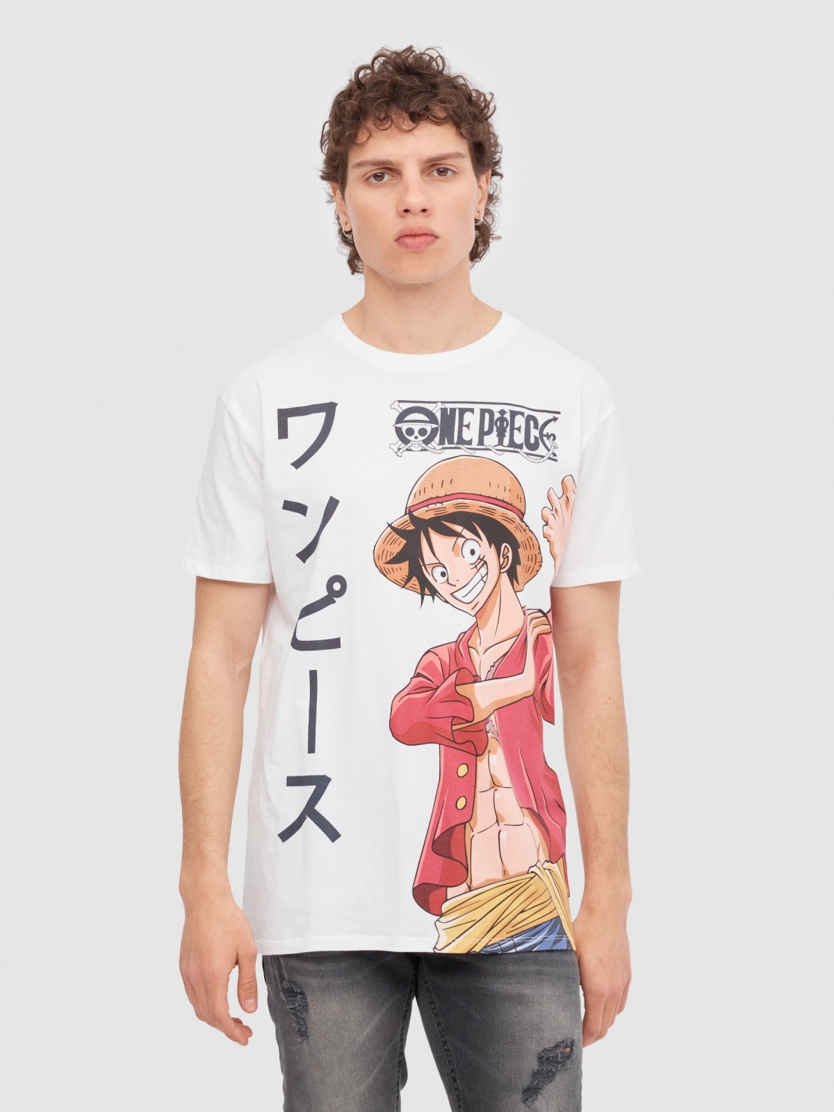 T-shirt One Piece branco vista meia frontal
