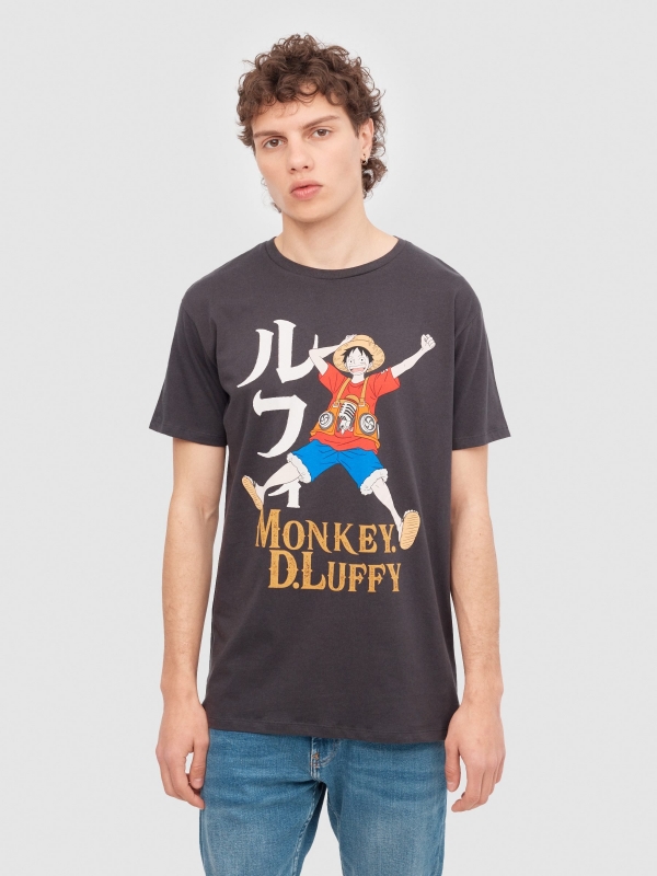 T-shirt Monkey D. Luffy cinza escuro vista meia frontal