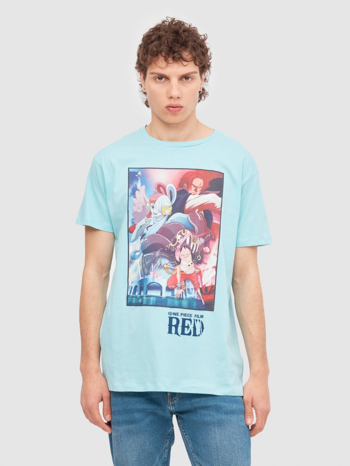 T-Shirt Filme One Piece azul claro vista meia frontal