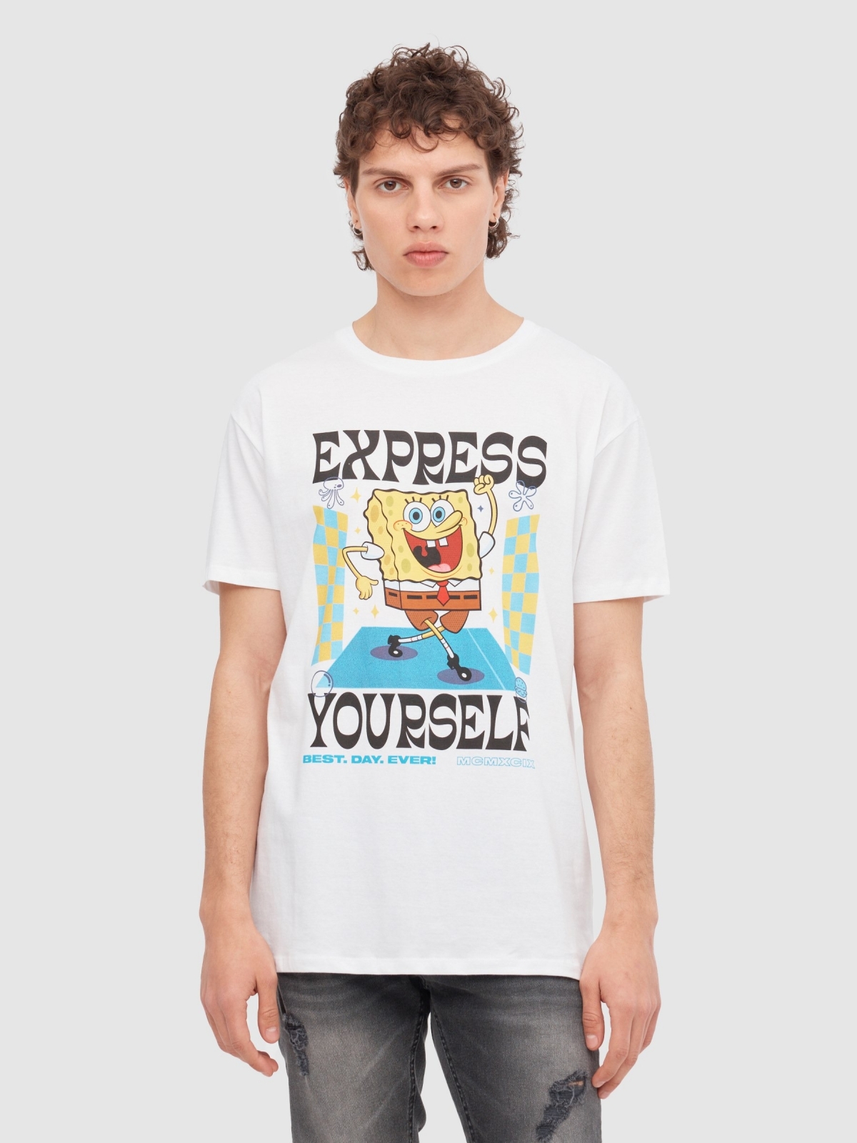 T-Shirt do Bob Esponja branco vista meia frontal
