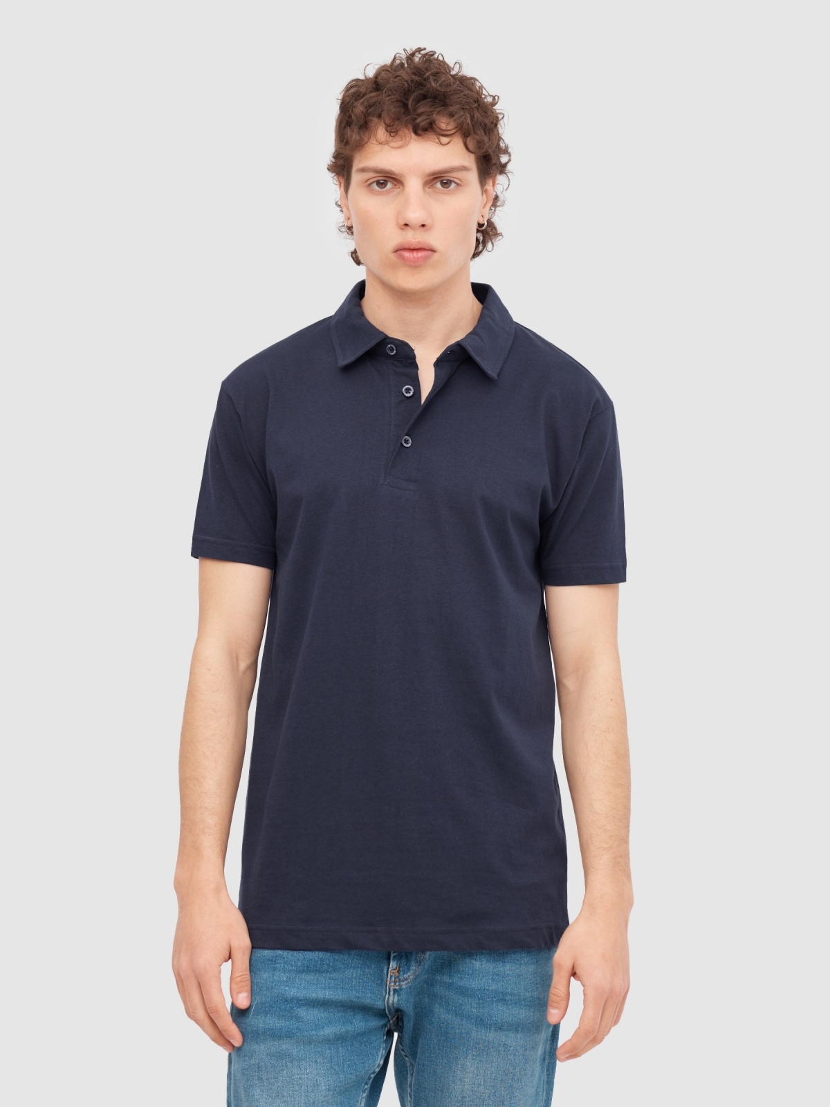 Basic short-sleeved polo shirt navy middle front view
