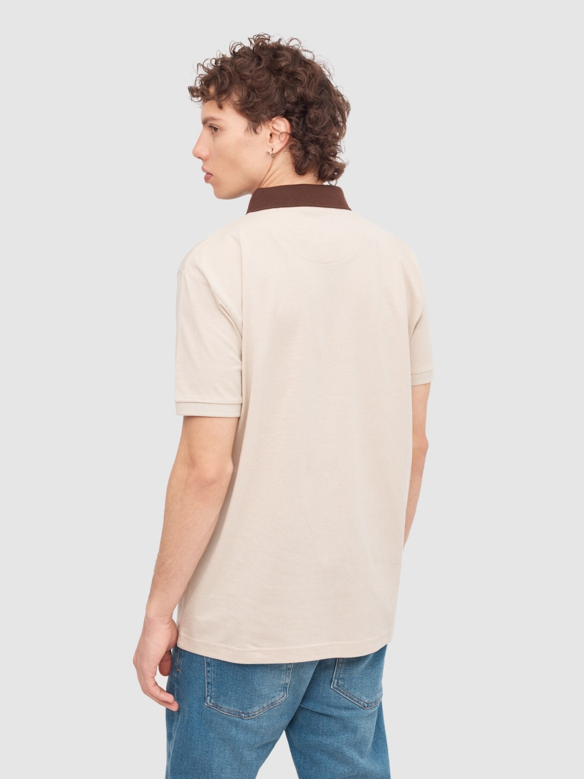 Colour block polo shirt taupe middle back view