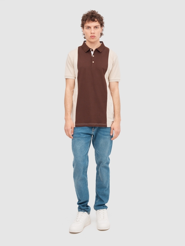 Colour block polo shirt taupe front view