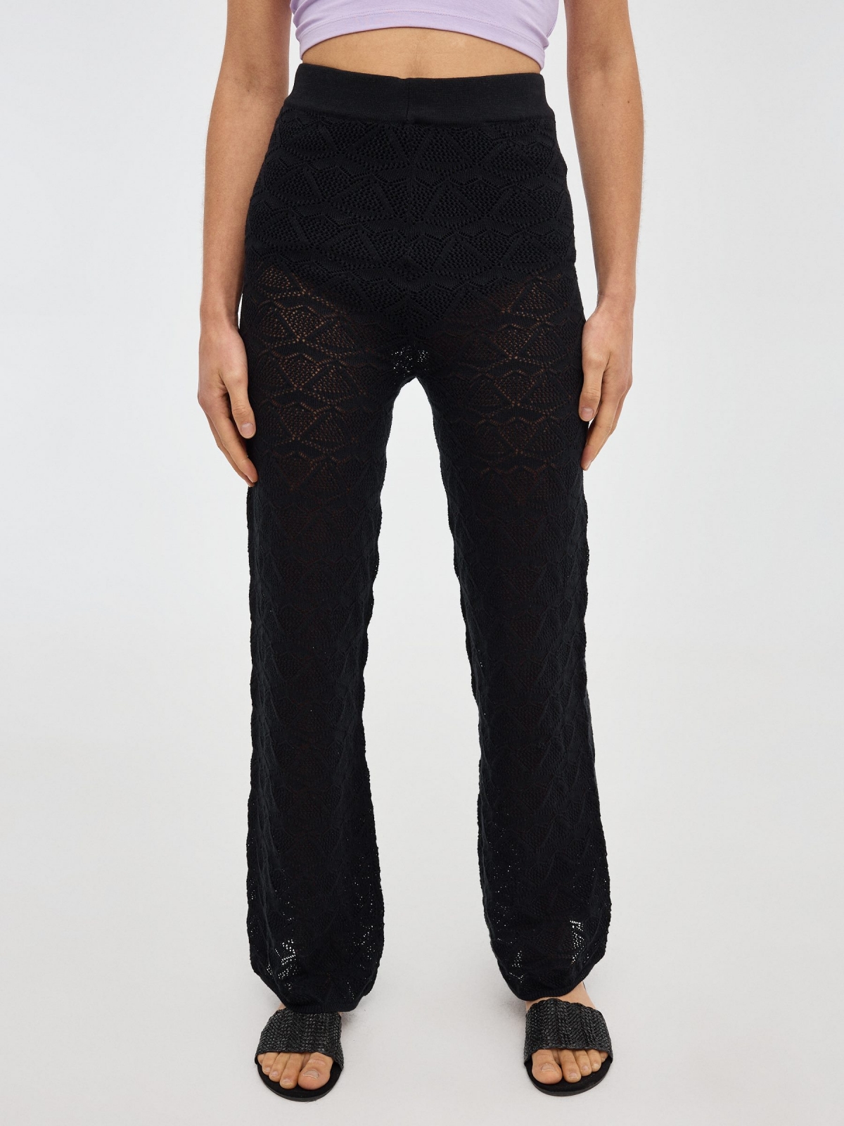 Crochet flare pants black middle front view