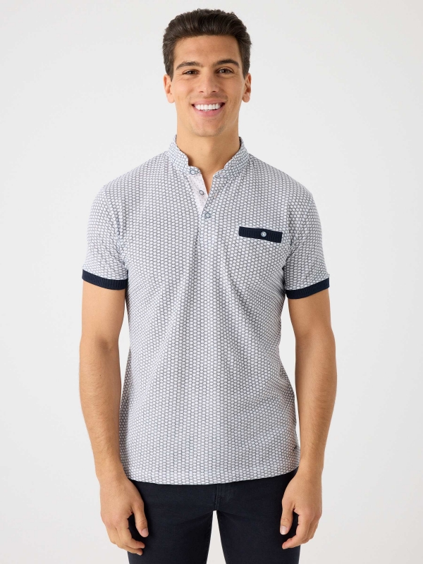 Mandarin collar printed polo shirt with pocket navy middle front view