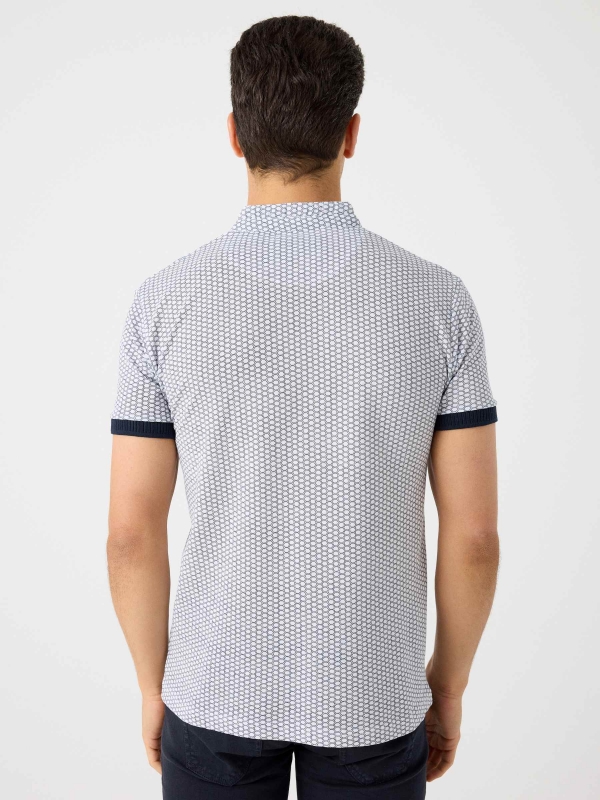 Mandarin collar printed polo shirt with pocket navy middle back view