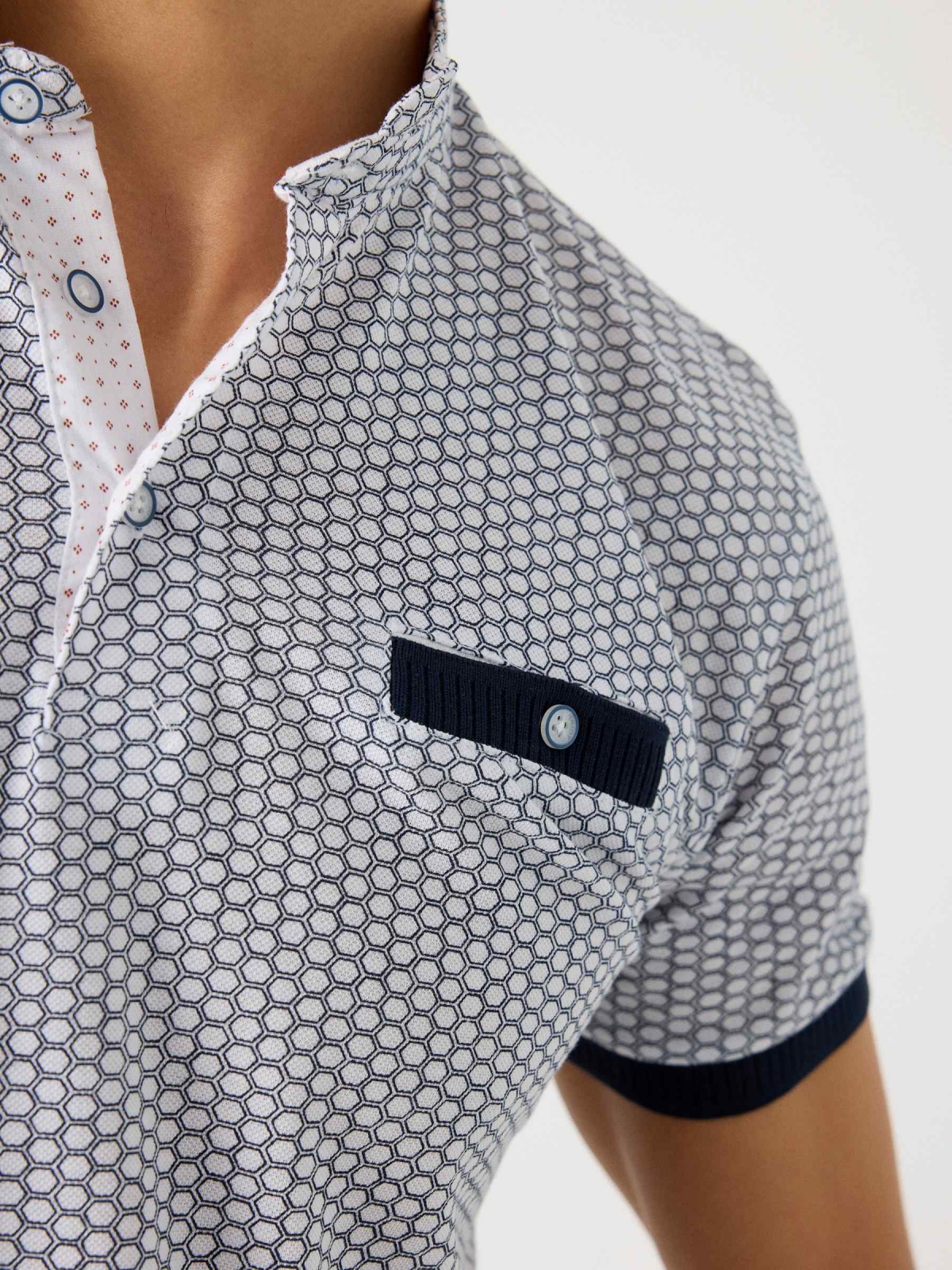 Mandarin collar printed polo shirt with pocket navy detail view