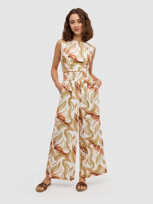 Printed wide-leg pants beige front view