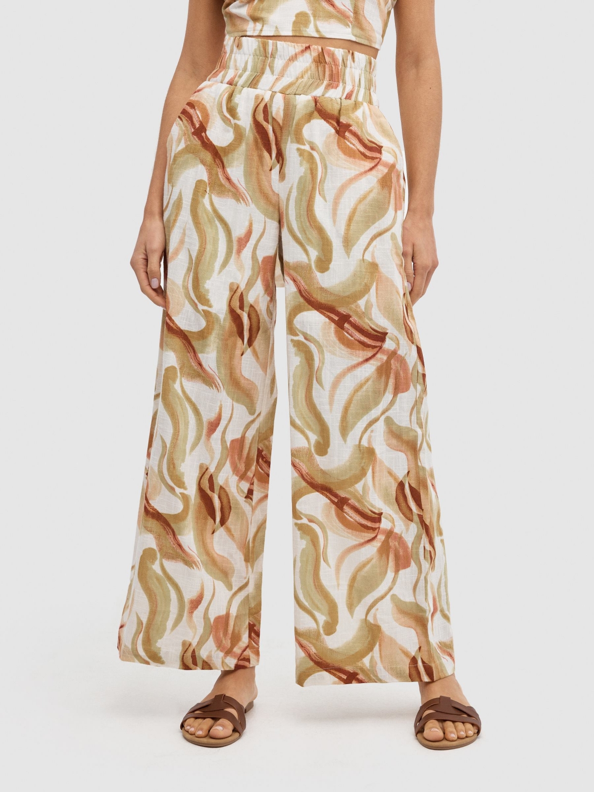 Printed wide-leg pants beige middle front view