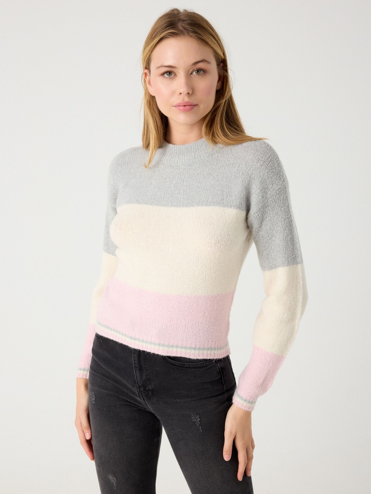 Colorblock crew neck sweater grey middle front view