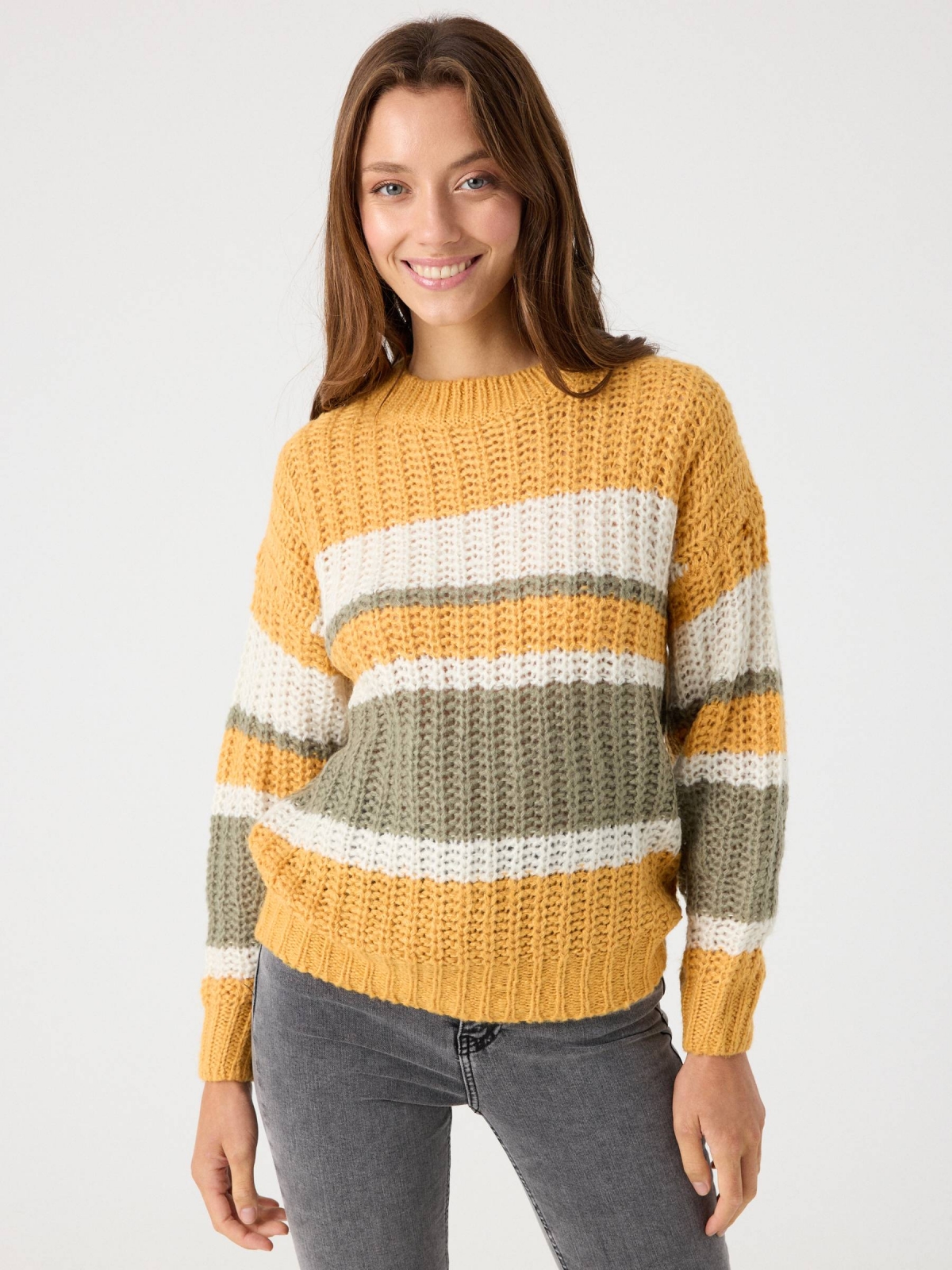 Chunky knit sweater with stripes yellow middle front view