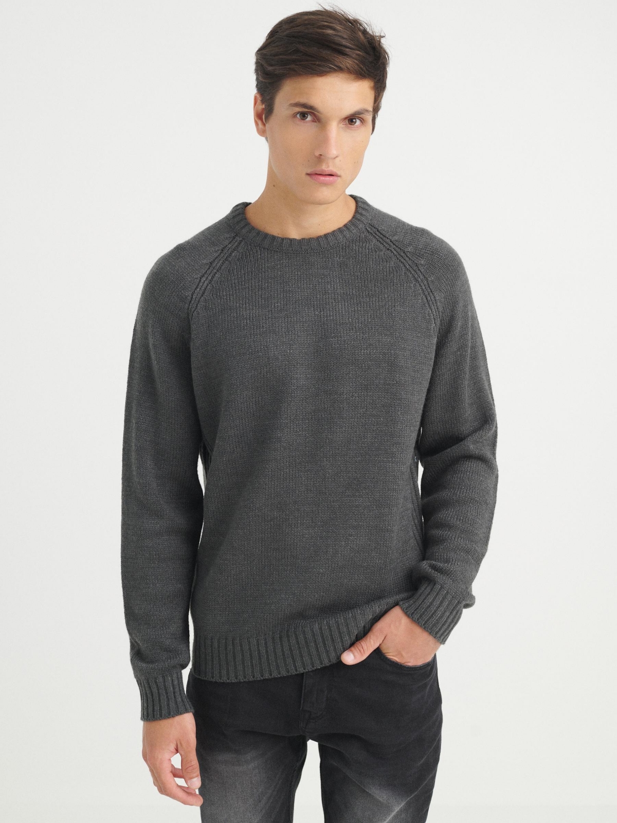 Basic knitted sweater dark grey middle front view