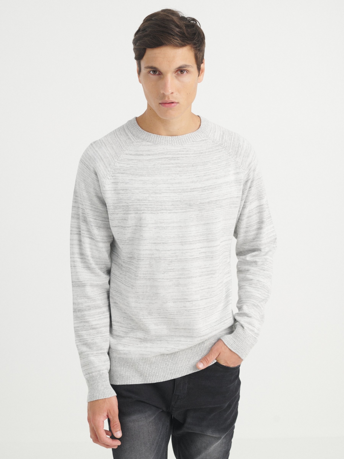 Basic mottled sweater light grey middle front view