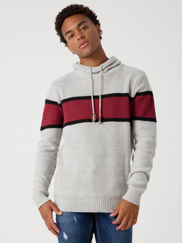 Striped sweater with hood light grey middle front view