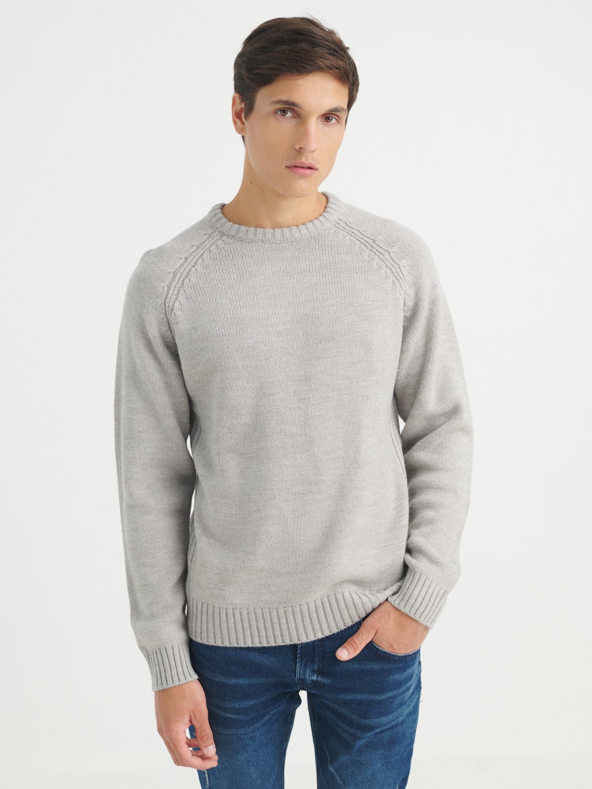 Basic knitted sweater light grey middle front view