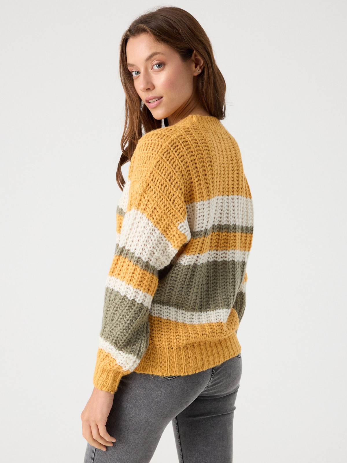 Chunky knit sweater with stripes yellow middle back view